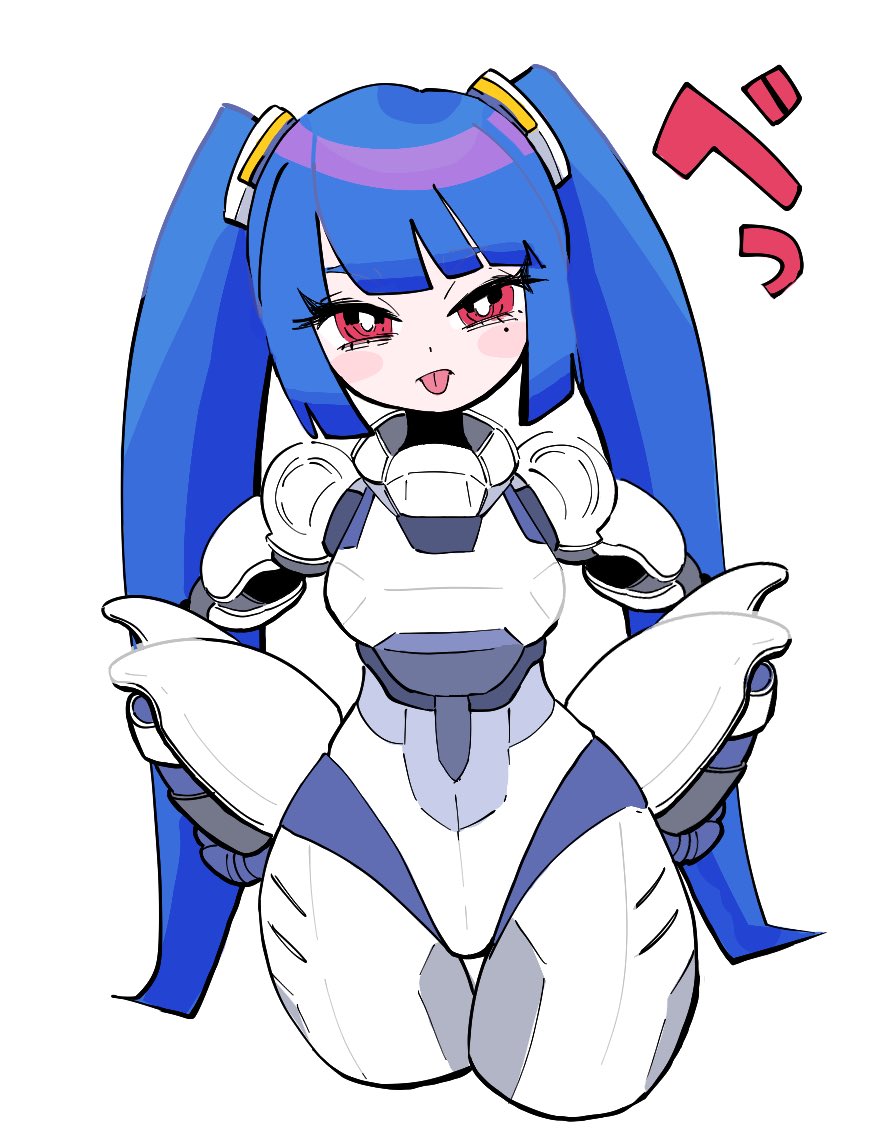 1girl, android, blush, breasts, bright_pupils, clenched_hands, eyebrows_hidden_by_hair, hands_on_own_hips