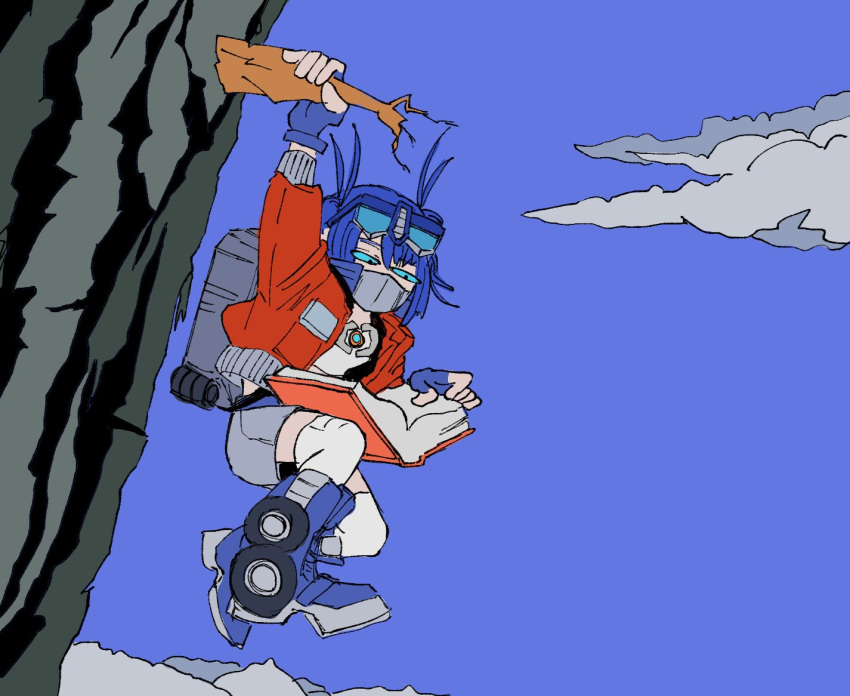 1girl, backpack, bag, between_the_lions, black_eyes, blue_footwear, blue_gloves, blue_sclera, book, boots, braid, branch, clouds, colored_sclera, fingerless_gloves, gloves, grey_shorts, hanging, holding, kotobukiya_bishoujo, looking_down, matrix_of_leadership, optimus_prime, optimus_prime_(kotobukiya_bishoujo), parody, shirt, shorts, sky, solo, tanaki_bouei, thigh-highs, transformers, twin_braids, wheel, white_shirt, white_thighhighs