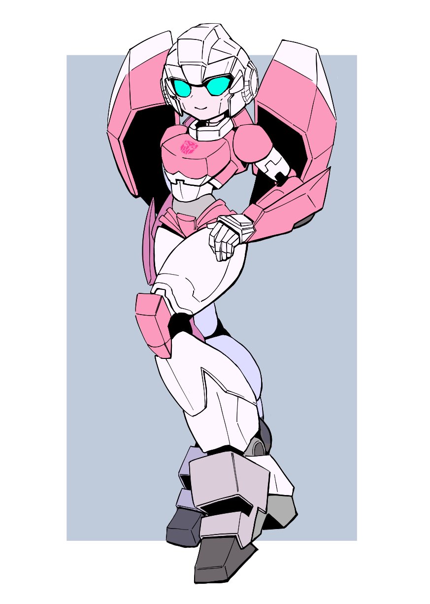 1girl, arcee, autobot, blue_eyes, border, grey_background, hand_on_own_hip, highres, looking_at_viewer, mecha, outside_border, robot, smile, solo, tanaki_bouei, transformers, white_border