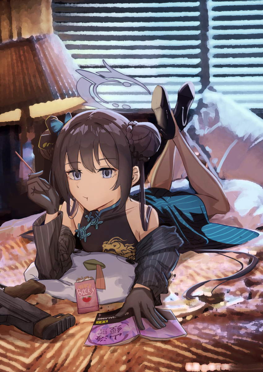 1girl, absurdres, assault_rifle, bedroom, black_coat, black_dress, black_footwear, black_gloves, black_hair, blue_archive, book, brand_name_imitation, butterfly_hair_ornament, china_dress, chinese_clothes, coat, collarbone, commentary, cs/ls06, denazgor, desk_lamp, double_bun, dress, eating, food, foot_up, gloves, grey_eyes, gun, hair_between_eyes, hair_bun, hair_ornament, halo, high_heels, highres, holding, holding_food, indoors, kisaki_(blue_archive), lamp, lampshade, long_hair, long_sleeves, looking_at_viewer, lying, on_bed, on_pillow, on_stomach, open_clothes, open_coat, package, parody, peroro_(blue_archive), pocky, pulp_fiction, rifle, sidelocks, sleeveless, solo, stuffed_chicken, twintails, weapon, window, window_shade