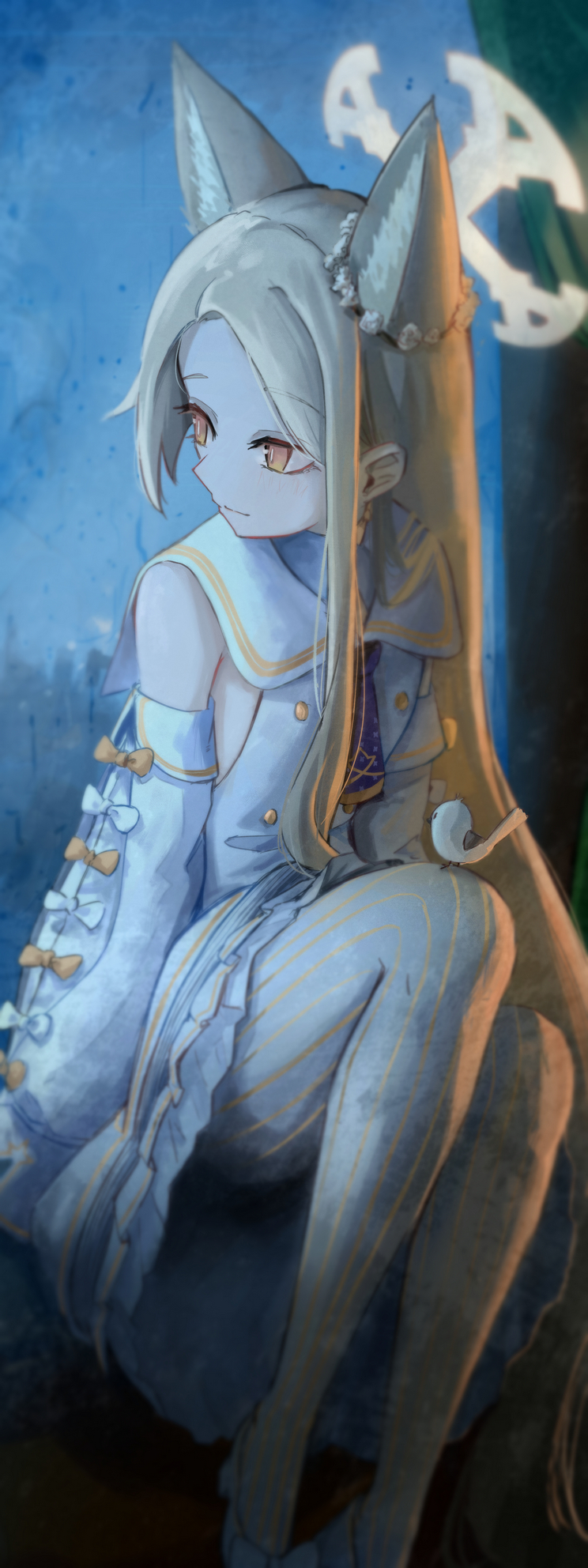 1girl, animal_ear_fluff, animal_ears, bird, blonde_hair, blue_archive, commentary, denazgor