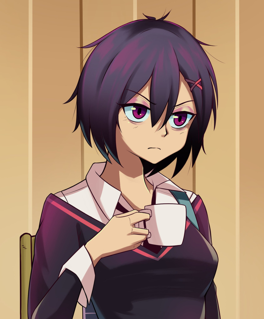 1girl, black_hair, black_necktie, black_sweater, breasts, chair, close-up, cup, dress_shirt, drinking, frown, hair_between_eyes, hair_ornament, highres, holding, holding_cup, ikari_shinji, indoors, light_frown, long_sleeves, looking_ahead, marvel, medium_breasts, meme, mug, necktie, neon_genesis_evangelion, on_chair, peni_parker, scene_reference, school_uniform, scrapy, shinji_holding_a_mug_(meme), shirt, short_hair, solo, spider-man:_across_the_spider-verse, spider-man_(series), sweater, upper_body, v-shaped_eyebrows, violet_eyes, white_shirt, x_hair_ornament