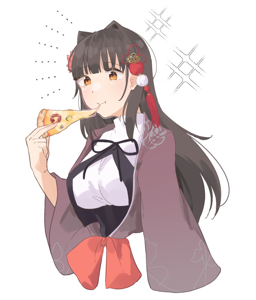 1girl, :t, arm_at_side, assault_lily, black_hair, black_skirt, blunt_bangs, breasts