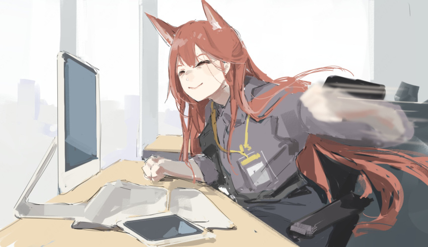 1girl, animal_ear_fluff, animal_ears, arknights, brown_hair, chair, clenched_hands, commentary