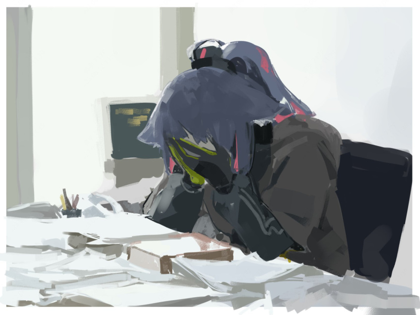 1girl, animal_ears, arknights, black_gloves, black_shirt, blue_hair, book, cat_ears