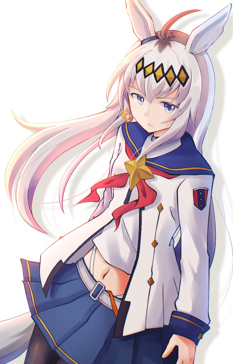 1girl, ahoge, animal_ears, black_pantyhose, blue_sailor_collar, blue_skirt, commentary_request, crop_top