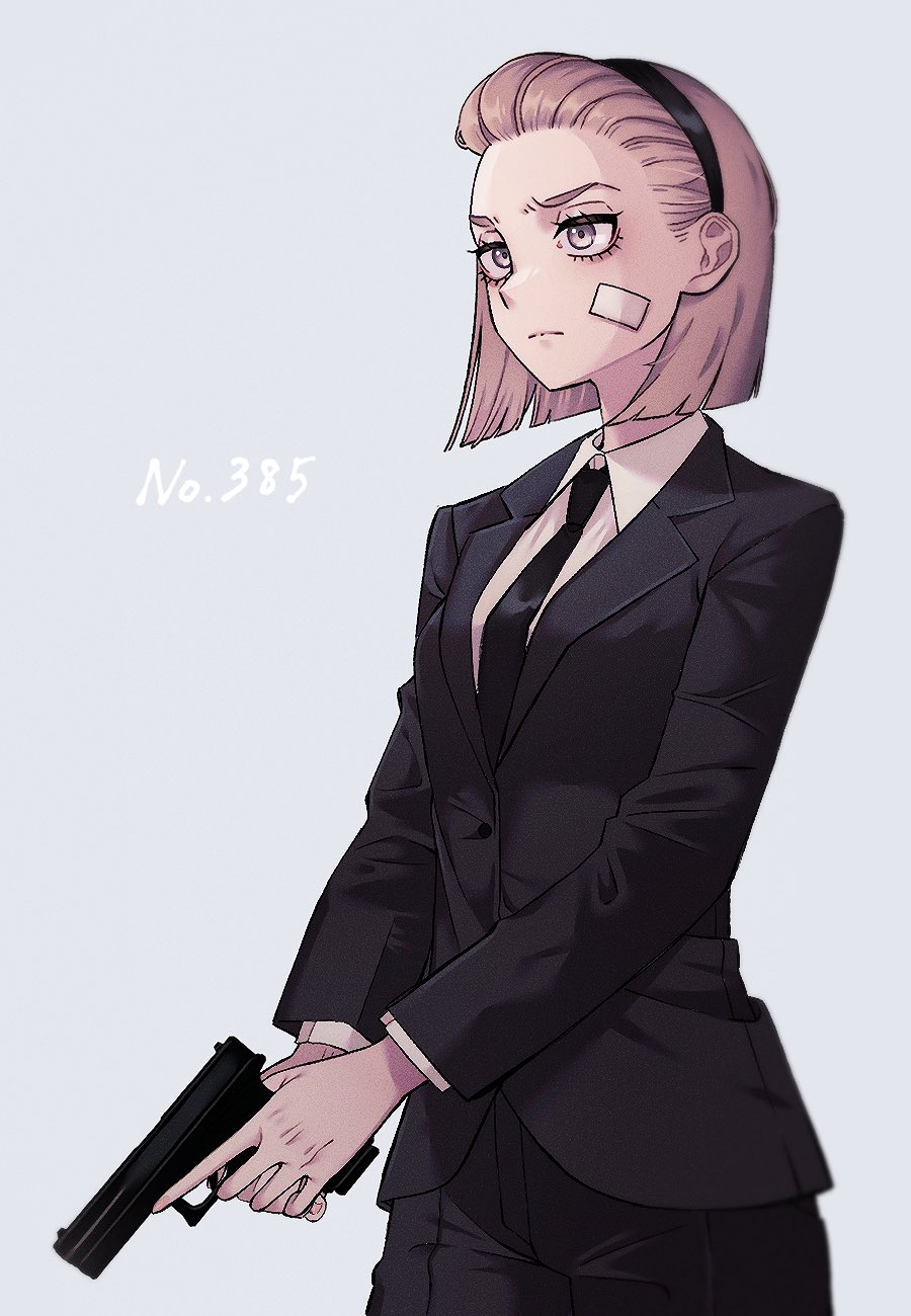 1girl, bandaid, bandaid_on_face, black_necktie, black_pants, black_suit, blonde_hair, brown_eyes, cowboy_shot, formal, gun, hairband, handgun, highres, holding, holding_gun, holding_weapon, hunter_x_hunter, necktie, pants, sasakihxh, shirt, short_hair, simple_background, suit, theta_(hunter_x_hunter), weapon, white_background, white_shirt
