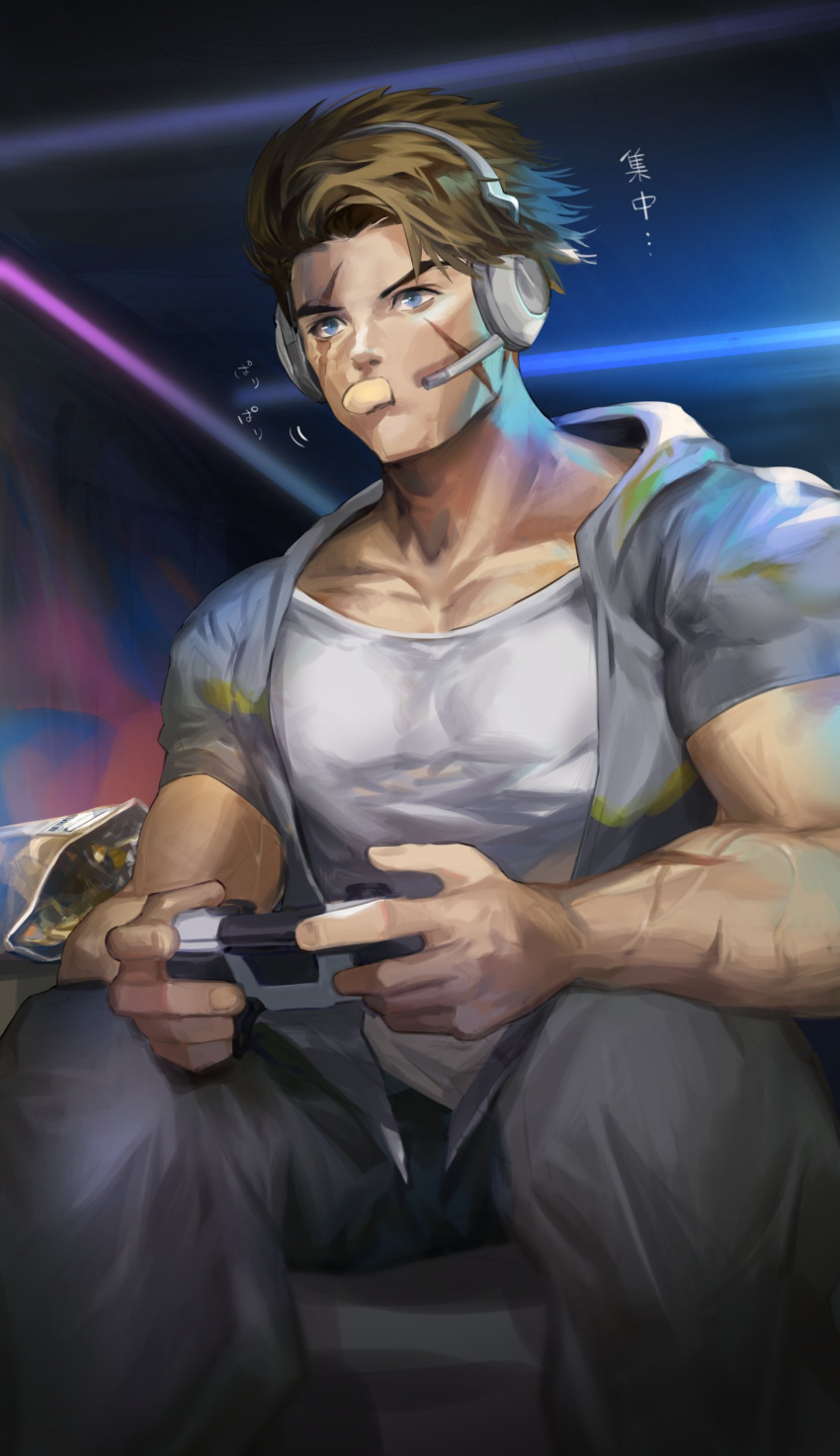 1boy, absurdres, black_pants, blonde_hair, controller, food, food_in_mouth, game_controller