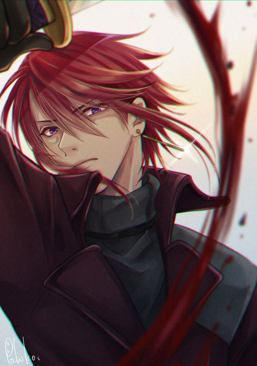 1boy, absurdres, artist_name, black_gloves, blood, earrings, fujimiya_ran, gloves, highres, holding, holding_weapon, jacket, jewelry, pechi_puri, redhead, slashing, solo, violet_eyes, weapon, weiss_kreuz