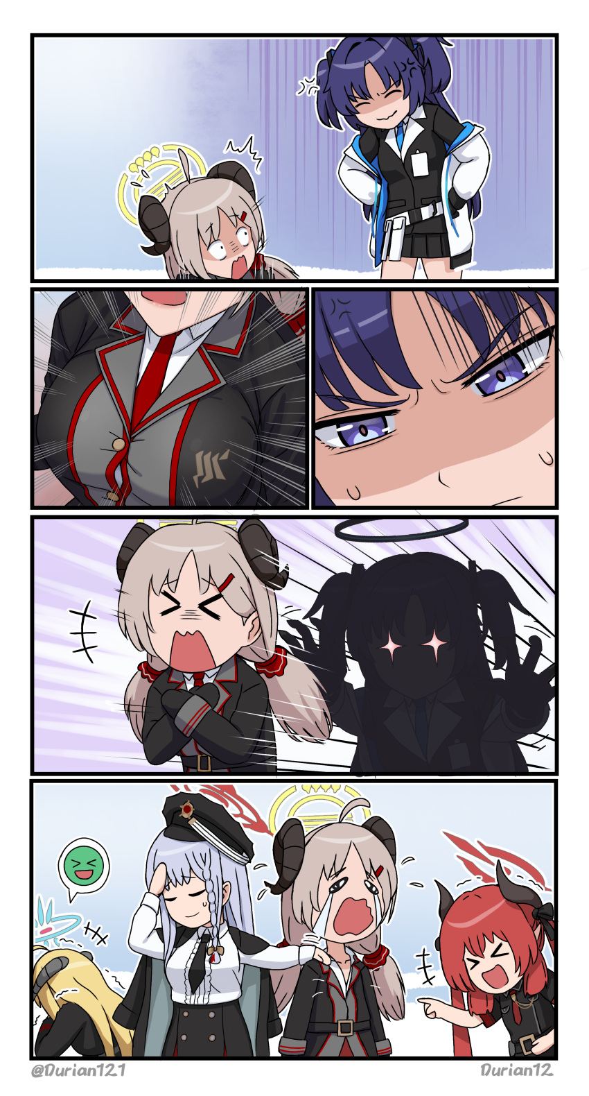 >_<, 5girls, :d, absurdres, akari_(blue_archive), alternate_breast_size, belt, black_coat
