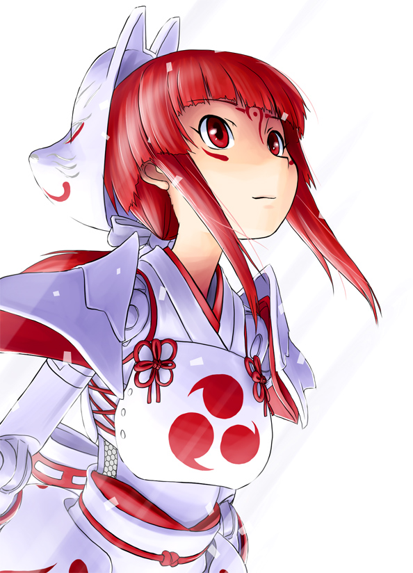 azuma_doguu, busou_shinki, doll_joints, fox_mask, mask, mizuki_(busou_shinki), ponytail, red_eyes, red_hair, redhead, tareme