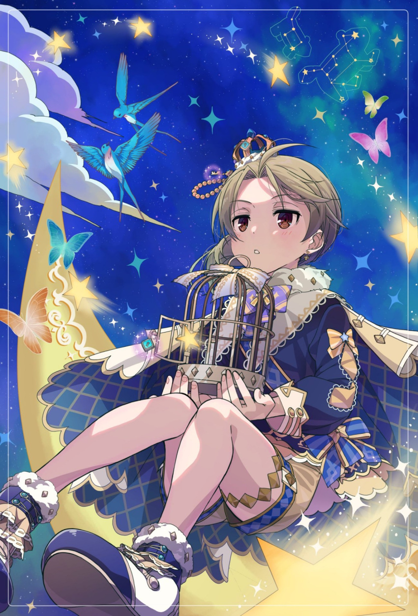 1girl, alternate_hairstyle, big_dipper, bird, blue_bird, blue_bow, blue_bowtie, blue_footwear
