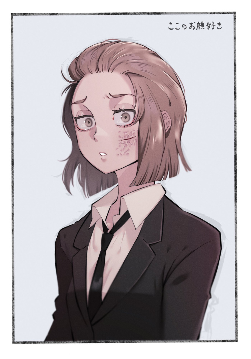1girl, black_necktie, black_suit, blonde_hair, brown_eyes, burn_scar, formal, hair_slicked_back