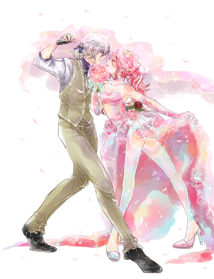 alternate_costume, alternate_hairstyle, armpits, bare_shoulders, couple, dancing, dress, dwyer_(fire_emblem), fire_emblem, fire_emblem_fates, hairband, hetero, high_heels, insarability, soleil_(fire_emblem), vest
