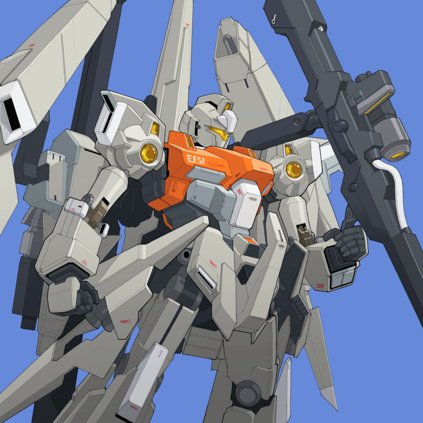 arm_at_side, assault_visor, beam_cannon, blue_background, bmwsb0, clenched_hand, commentary, cowboy_shot