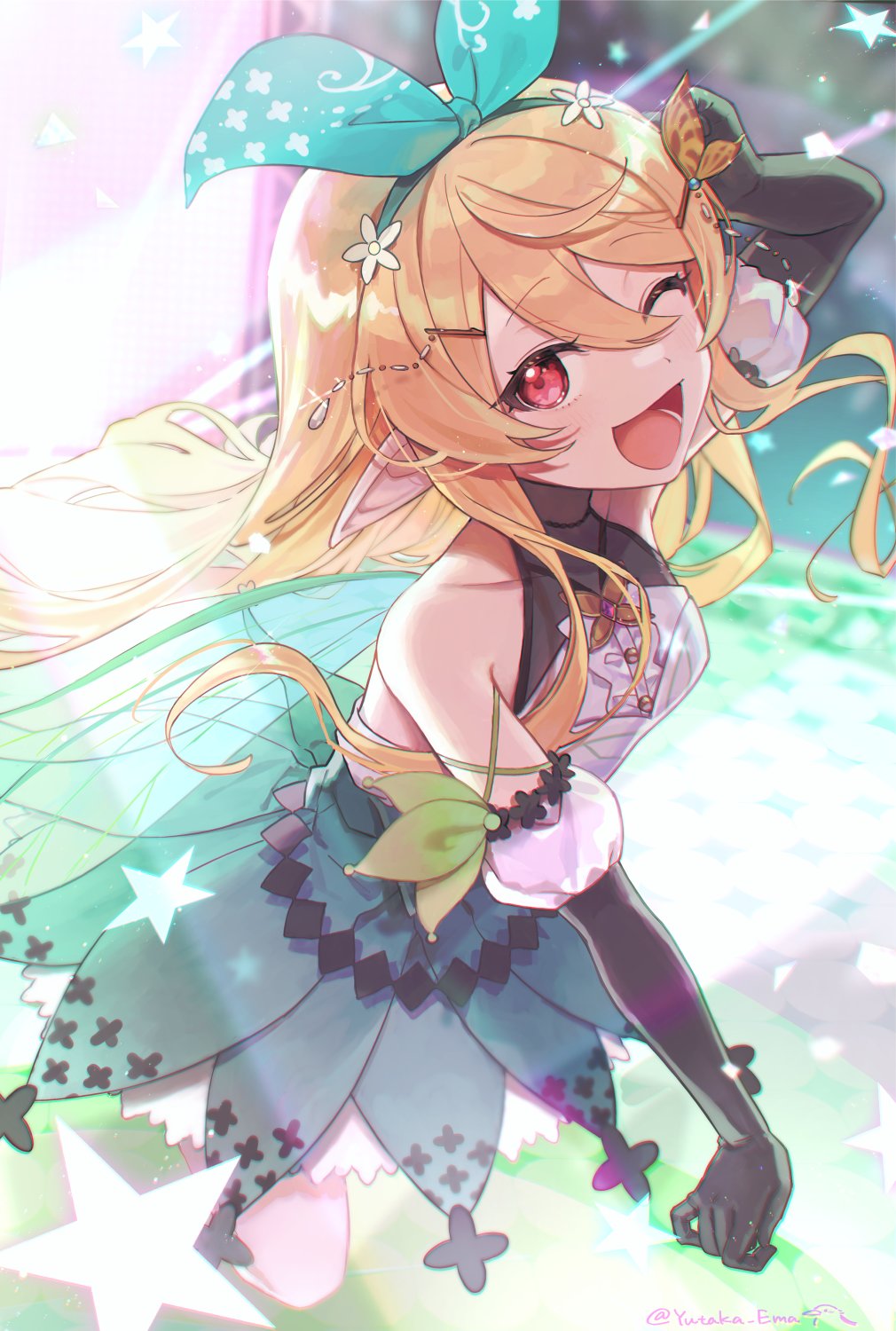1girl, bare_shoulders, black_gloves, blonde_hair, blush, ema_yutaka, fairy, fairy_wings