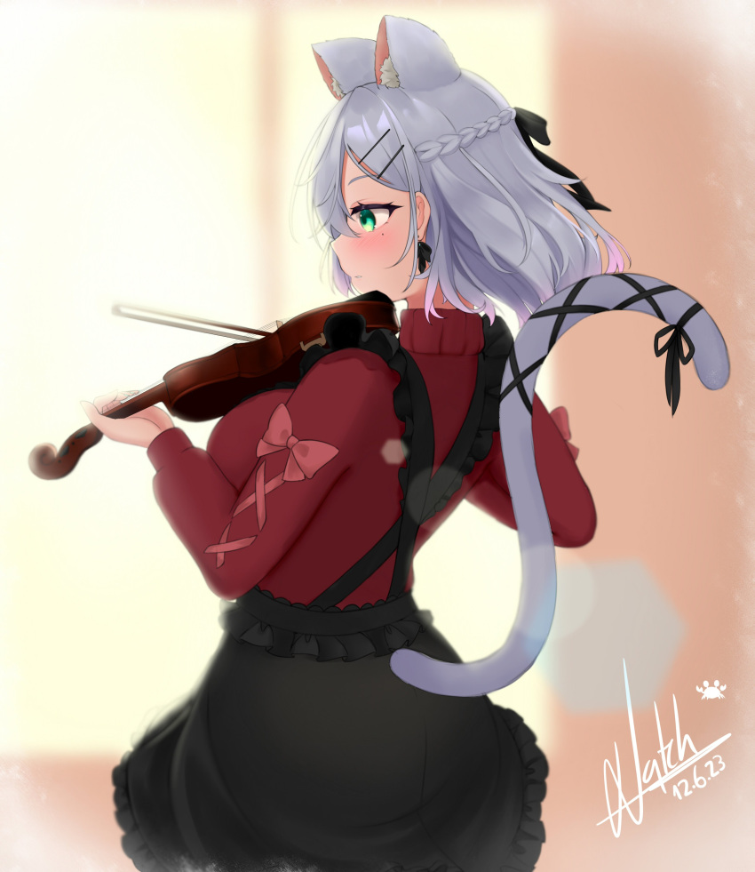 1girl, absurdres, animal_ears, black_skirt, blurry, blurry_background, braid, cat_ears