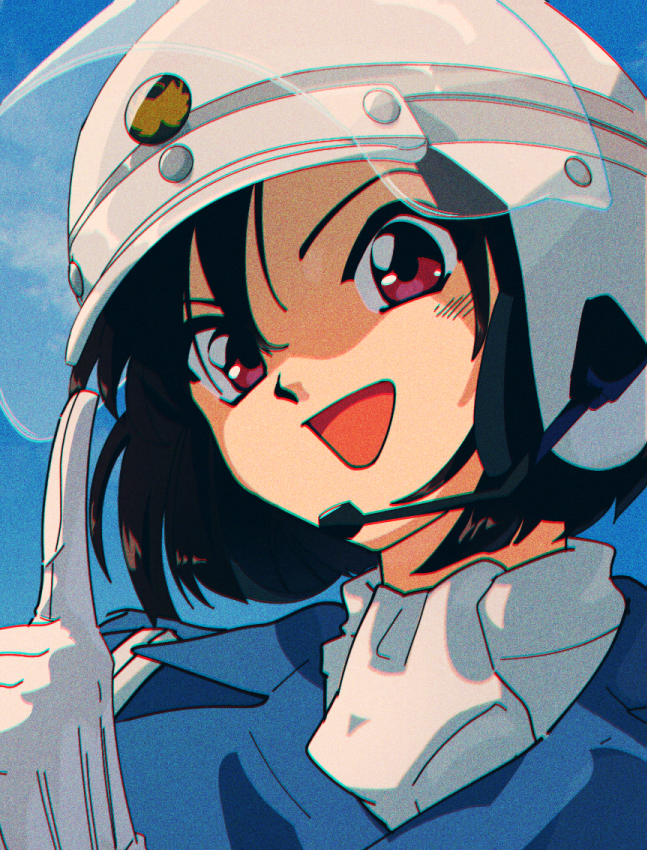 1girl, alternate_costume, ascot, blue_shirt, blue_sky, brown_hair, clouds, cosplay