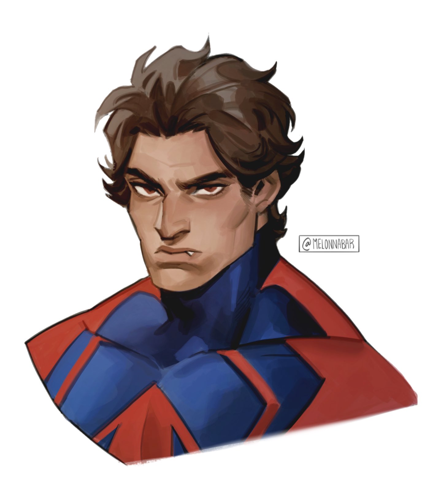 artist_name, blue_bodysuit, bodysuit, brown_hair, closed_mouth, cropped_torso, fang, highres, looking_at_viewer, male_focus, marvel, melonnabar, miguel_o'hara, muscular, muscular_male, red_bodysuit, second-party_source, shirt, simple_background, solo, spider-man:_across_the_spider-verse, spider-man_(2099), spider-man_(series), two-tone_bodysuit, upper_body, white_background