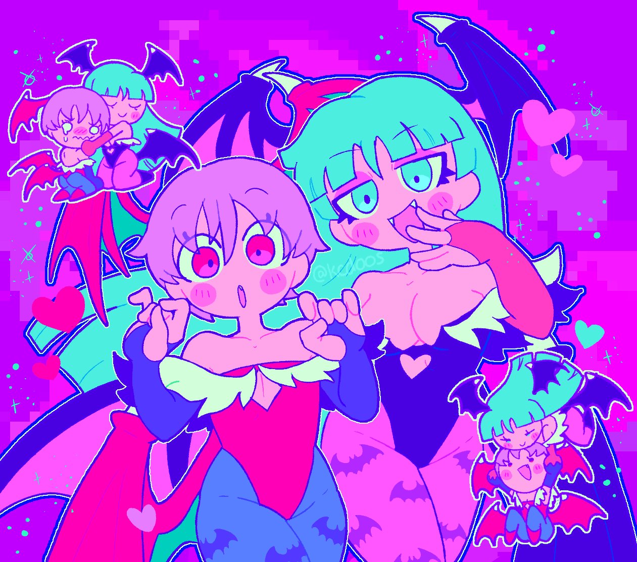 2girls, bat_wings, black_footwear, black_gloves, blue_socks, blush, brown_hair, chibi, gloves, green_eyes, green_hair, happy, heart, hug, kcdoos, lilith_aensland, morrigan_aensland, multiple_girls, nervous, open_mouth, pink_socks, red_eyes, red_footwear, red_gloves, smile, socks, vampire_(game), wings
