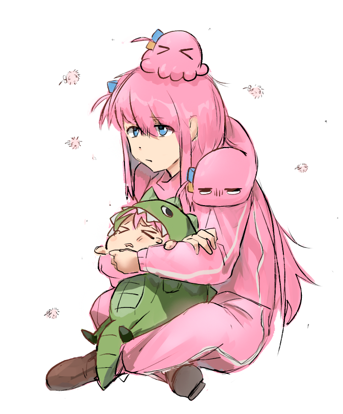 >_<, 1girl, animal_costume, blue_eyes, bocchi_the_rock!, cosplay, cube_hair_ornament, dragon_costume