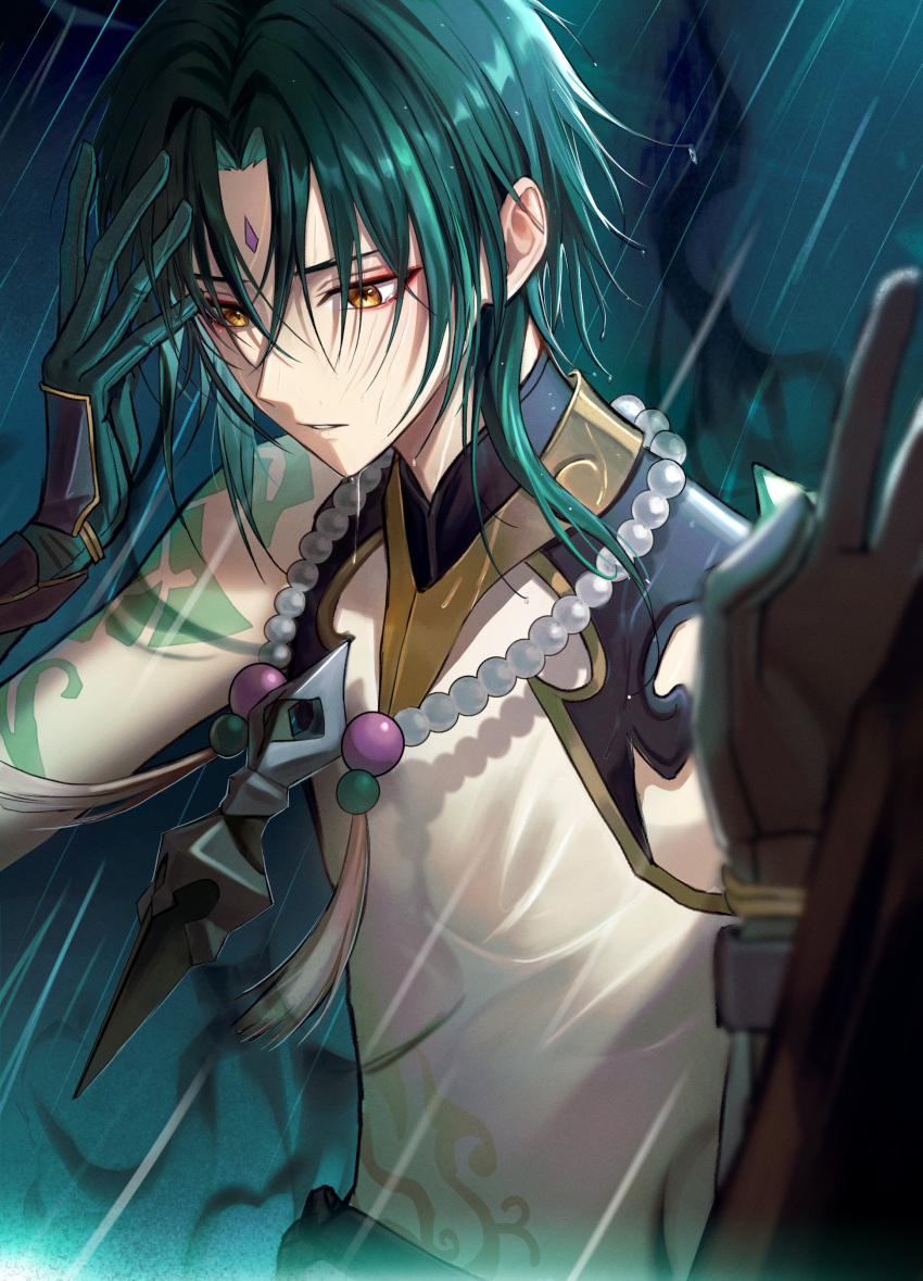1boy, absurdres, aqua_hair, arm_tattoo, bare_shoulders, bead_necklace, beads, blurry, blurry_foreground, commentary_request, crossed_bangs, expressionless, eyeshadow, facial_mark, forehead_mark, genshin_impact, gloves, gold_trim, green_gloves, green_hair, hair_between_eyes, hand_up, highres, jewelry, looking_down, makeup, male_focus, multicolored_hair, necklace, outdoors, parted_bangs, parted_lips, pponnya, rain, red_eyeshadow, shirt, short_hair, sidelocks, sleeveless, sleeveless_shirt, solo, streaked_hair, tassel, tattoo, upper_body, wet, wet_clothes, wet_hair, wet_shirt, white_shirt, xiao_(genshin_impact), yellow_eyes