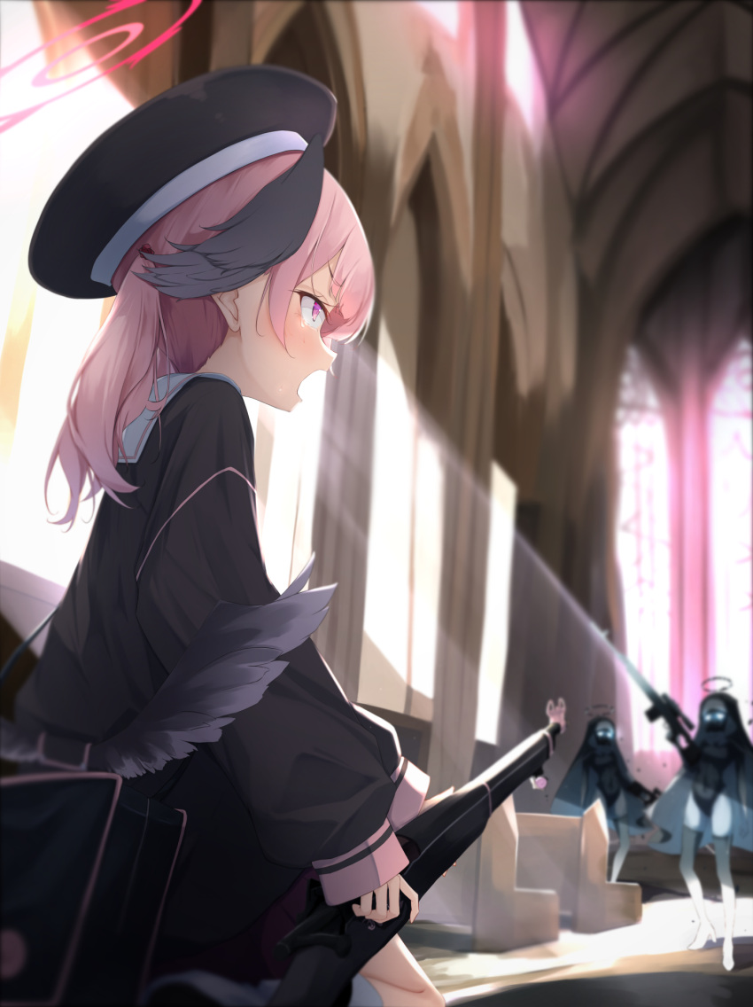 3girls, assault_rifle, bag, bench, black_leotard, black_serafuku, black_wings, blue_archive