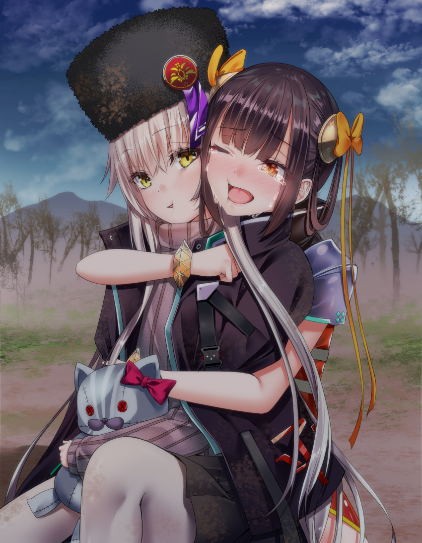 2girls, amatlas, black_hair, black_jacket, blush, charlotta_skopovskaya, grey_pantyhose, heaven_burns_red