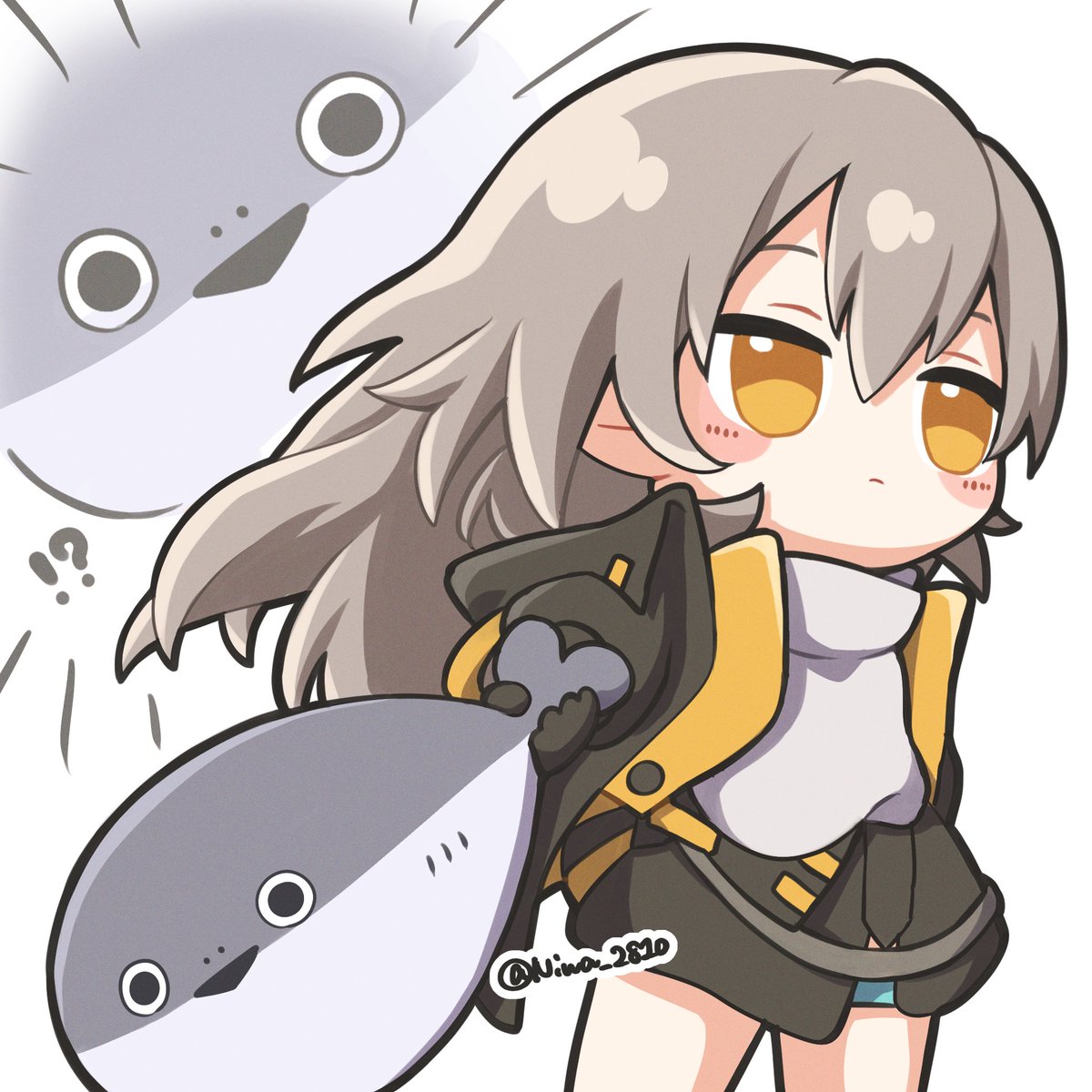 !?, 1girl, animal, black_gloves, black_shorts, blush, chibi, closed_mouth