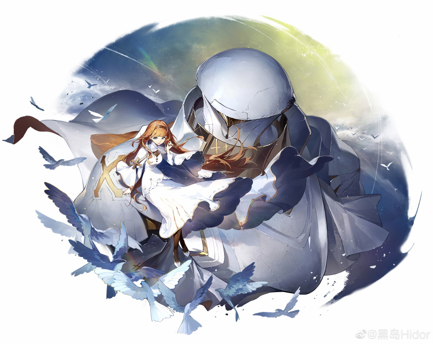1girl, absurdres, alchemy_stars, bird, breasts, brown_hair, brown_pantyhose, cape