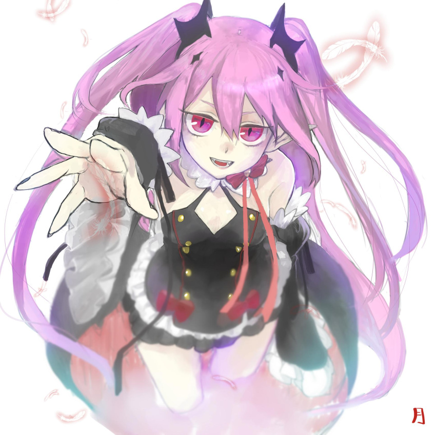 1girl, fang, feathers, gothic_lolita, highres, krul_tepes, lolita_fashion, luna1116