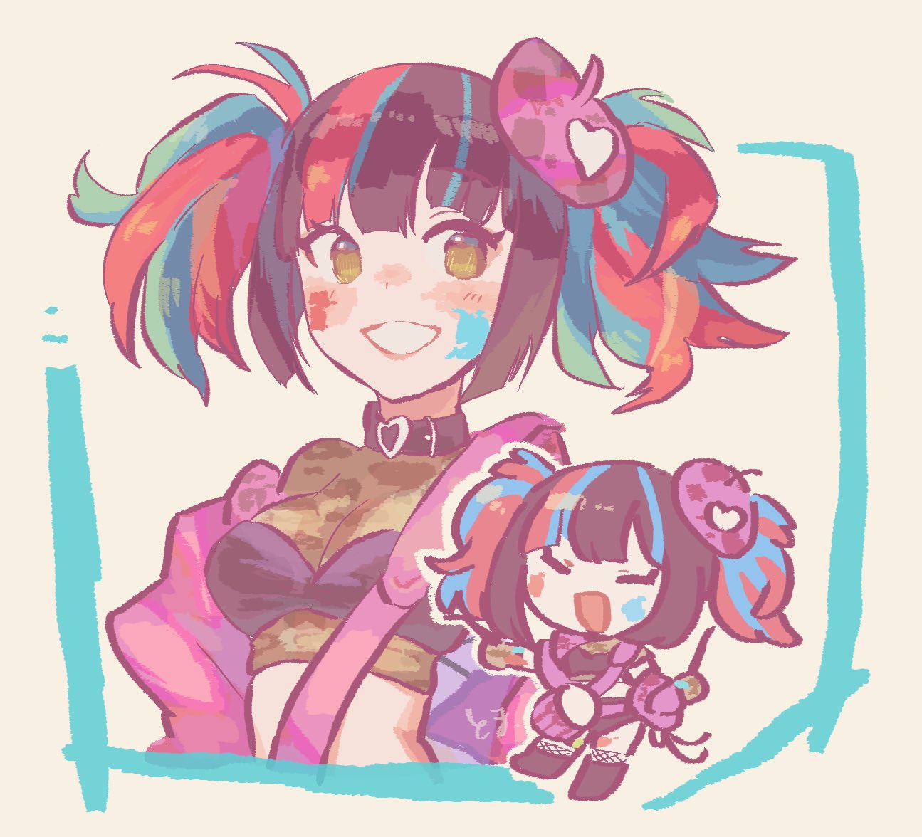 1girl, :d, animal_print, beret, black_choker, black_hair, blue_hair, choker, commentary_request, fate/grand_order, fate_(series), grin, hat, heart, heart_choker, leopard_print, mini_hat, multicolored_hair, multiple_views, nanakamadomugi, official_alternate_costume, paint_on_body, pink_headwear, redhead, sei_shounagon_(fate), smile, twintails, yellow_eyes
