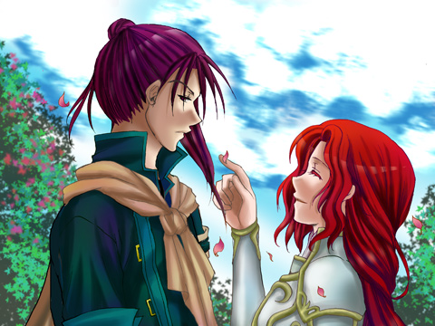 1boy, 1girl, ^_^, armor, breastplate, closed_eyes, clouds, fire_emblem