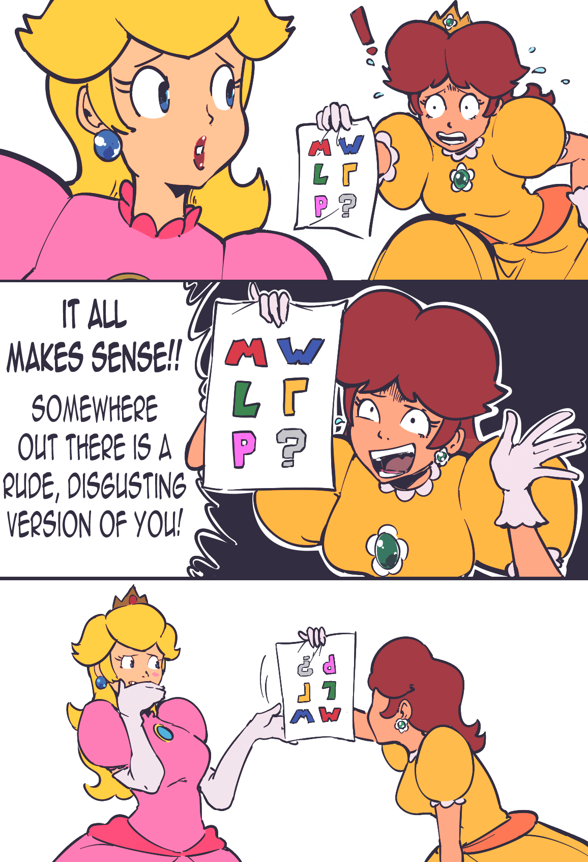 2girls, blonde_hair, blue_eyes, brown_hair, crown, dress, earrings, english_text, gloves, highres, jewelry, multiple_girls, open_mouth, pink_dress, plow_(witch_parfait), princess_daisy, princess_peach, puffy_short_sleeves, puffy_sleeves, short_sleeves, super_mario_bros., yellow_dress