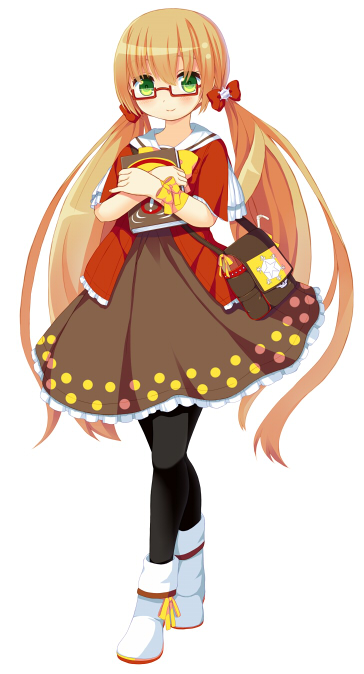 black_pantyhose, blush, book, bow, dress, footwear_ribbon, frilled_dress, frills, green_eyes, hair_bow, holding, holding_book, kika_(pororororo), long_hair, pantyhose, red_bow, red_shirt, ribbon, shirt, simple_background, twintails, very_long_hair, white_background, white_footwear, wrist_bow, yellow_ribbon, yellow_wristband, yukico-tan, yukijirushi