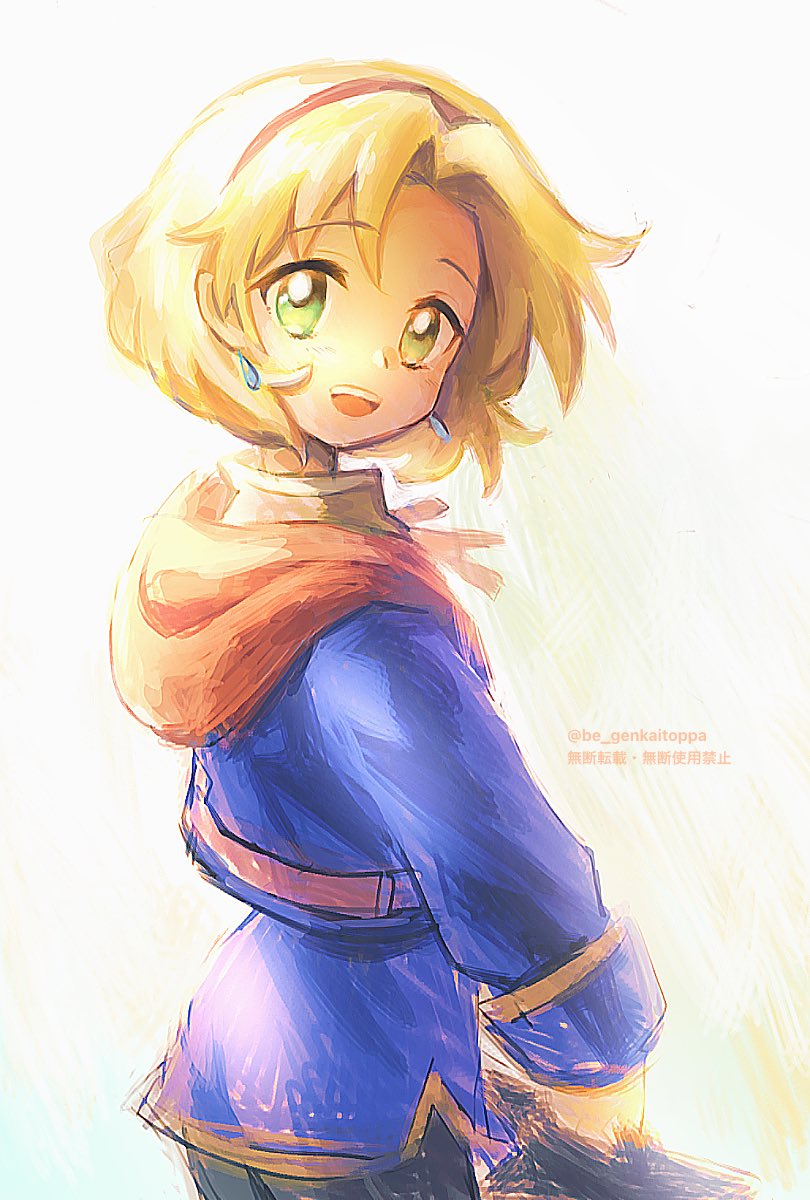 1girl, :d, blonde_hair, cecilia_lynne_adelhyde, coat, earrings, green_eyes, hairband
