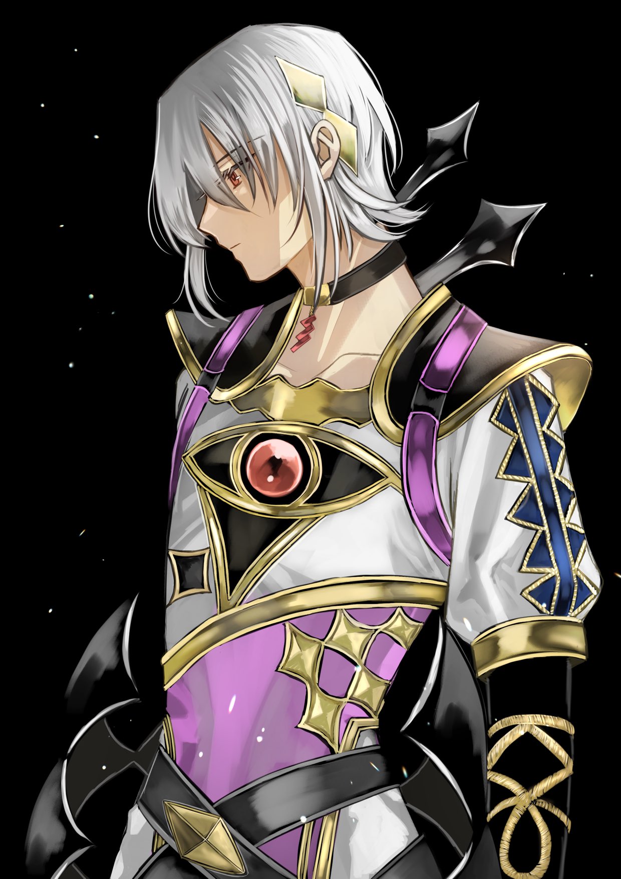1boy, asymmetrical_clothes, black_background, choker, closed_mouth, fire_emblem, fire_emblem_engage, hair_between_eyes