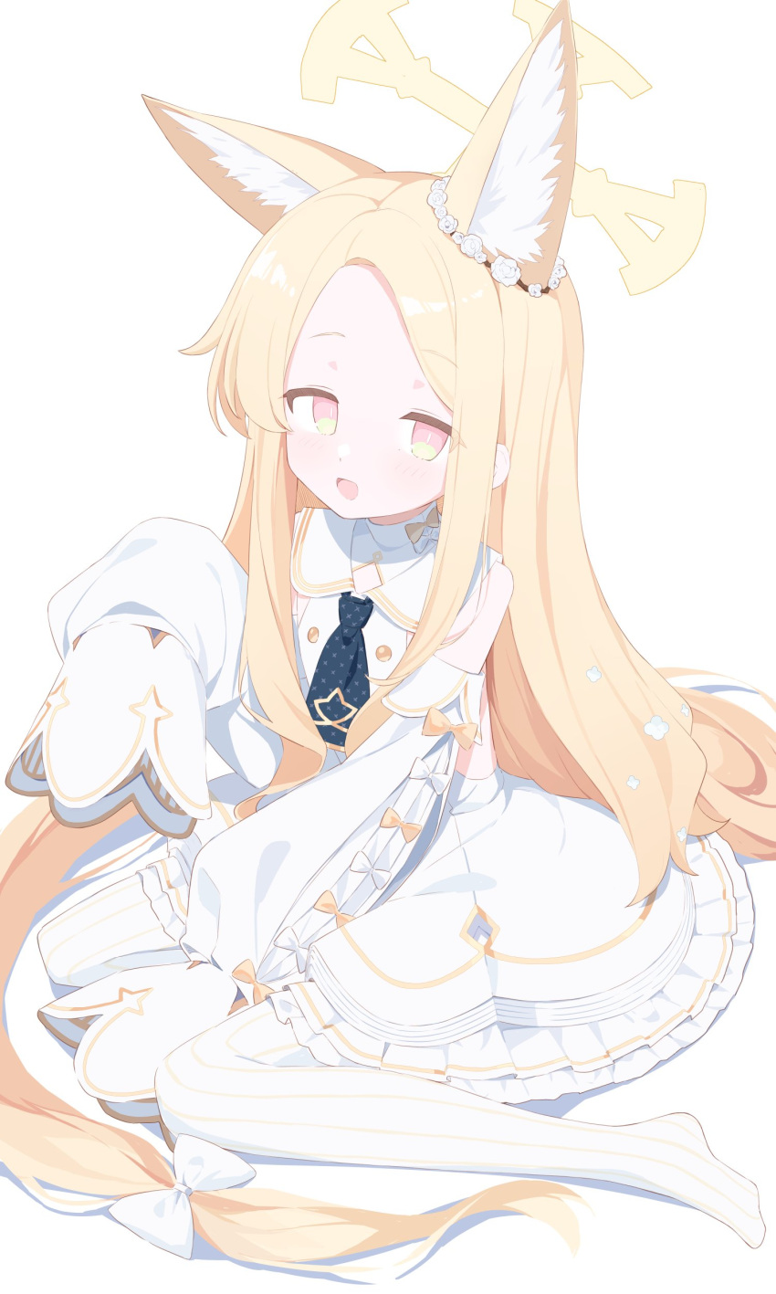 1girl, absurdly_long_hair, absurdres, animal_ear_fluff, animal_ears, between_legs, blonde_hair, blue_archive