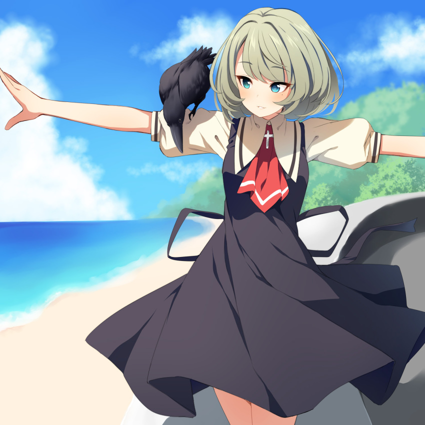 1girl, air_(visual_novel), animal, animal_on_arm, bird, black_dress, blue_eyes, blue_sky