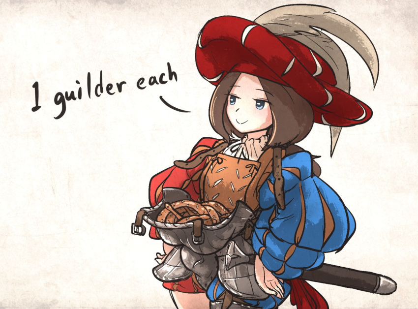 1girl, armor, blue_eyes, boobplate, breastplate, brown_hair, closed_mouth, codpiece