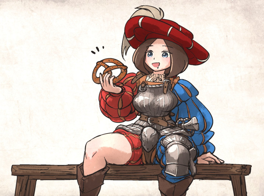 1girl, armor, bench, blue_eyes, boobplate, boots, breastplate, brown_footwear