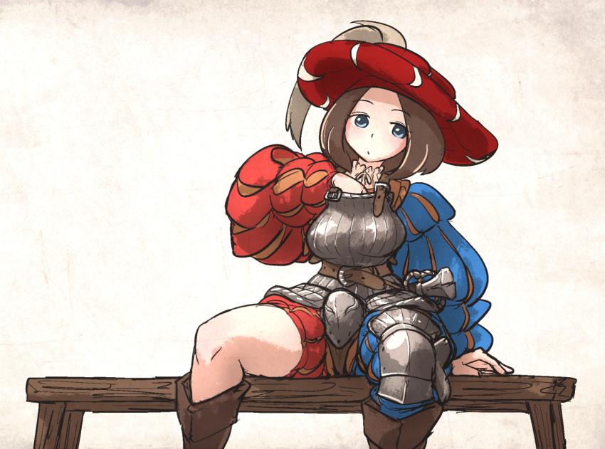 1girl, armor, bench, blue_eyes, boobplate, boots, breastplate, brown_footwear