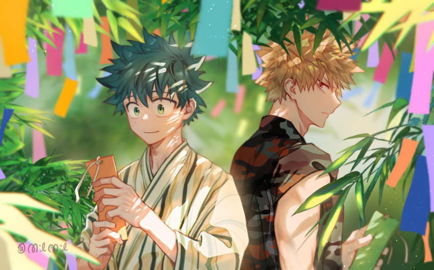 2boys, adam's_apple, artist_name, back-to-back, bakugou_katsuki, bamboo, blonde_hair, blurry