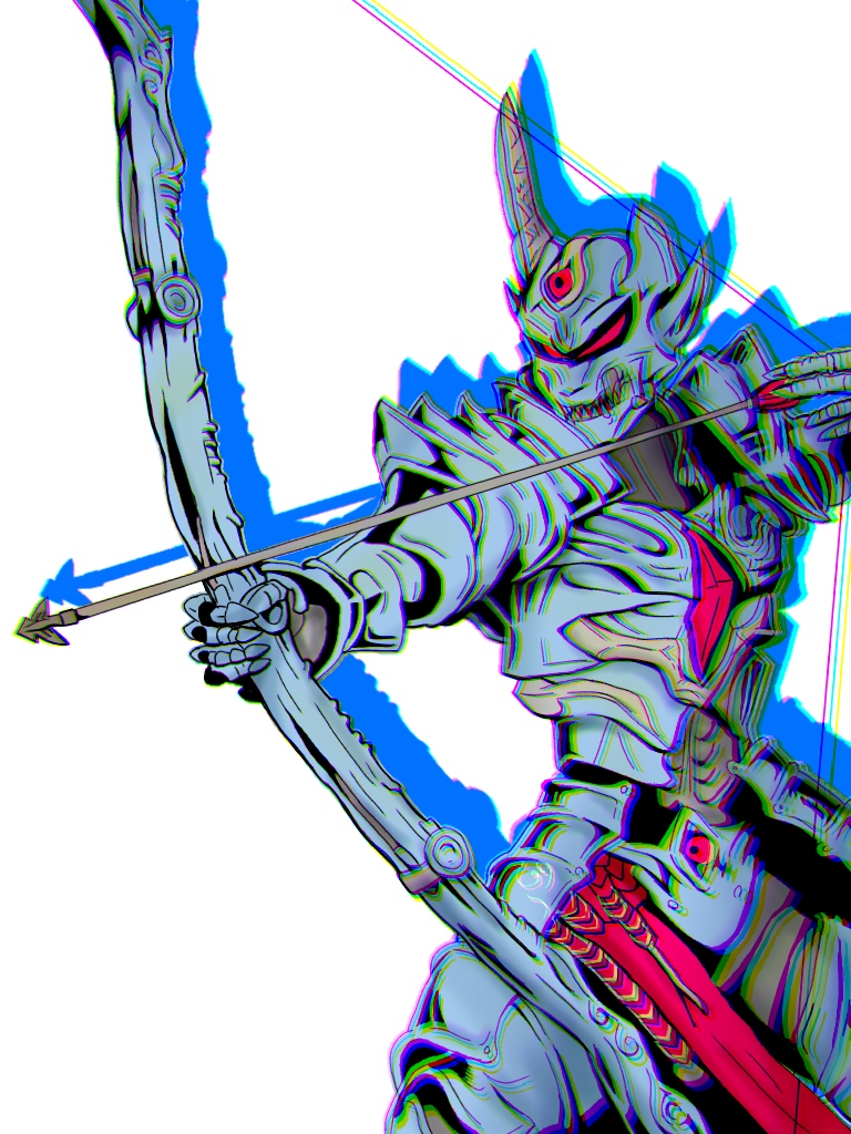 aiming, armor, arrow_(projectile), blue_armor, blurry, bow_(weapon), cowboy_shot, gai_(garo), garo:the_one_who_shines_in_the_darkness, garo_(series), glaring, holding, holding_weapon, horns, jewelry, red_eyes, shoulder_armor, simple_background, solo, tokusatsu, weapon, white_background, xjvm8335
