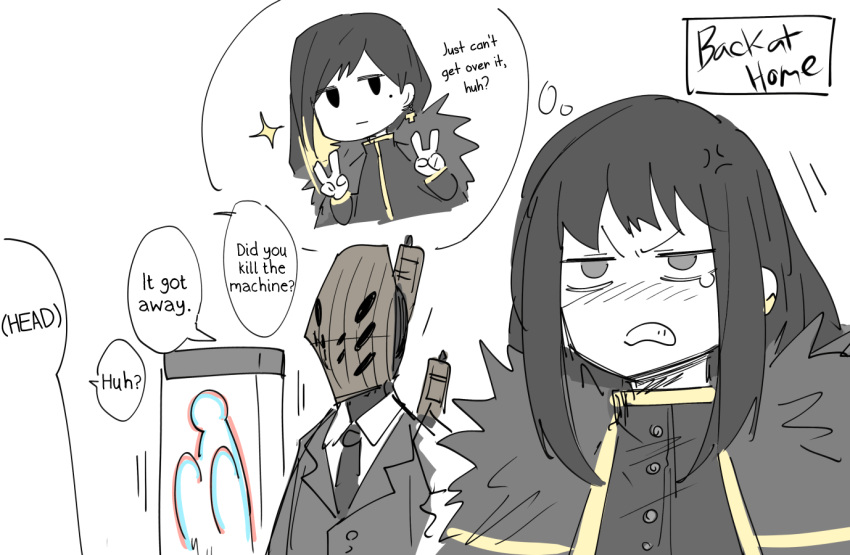 1boy, 2girls, 2others, anger_vein, armor, baral_(library_of_ruina), binah_(project_moon), black_coat