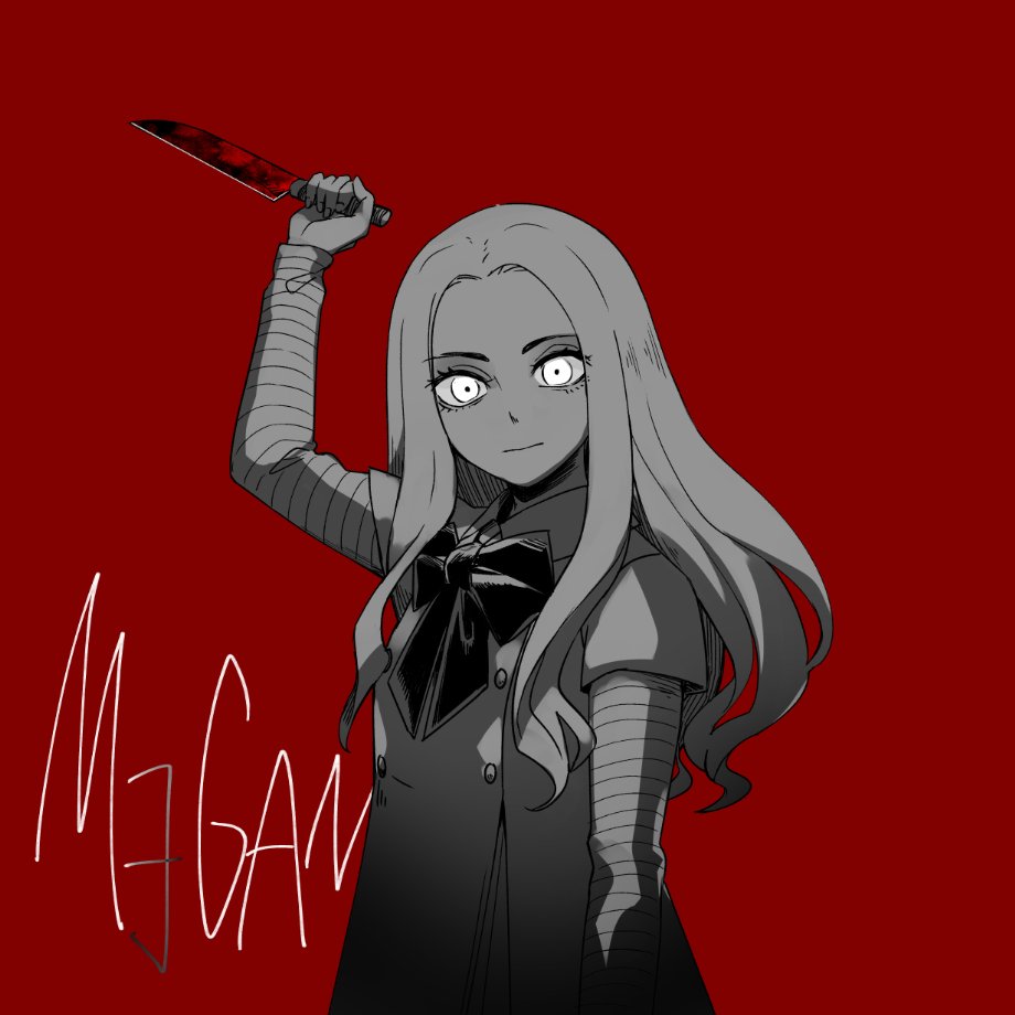1girl, blood, blood_on_knife, bow, character_name, copyright_name, expressionless, forehead