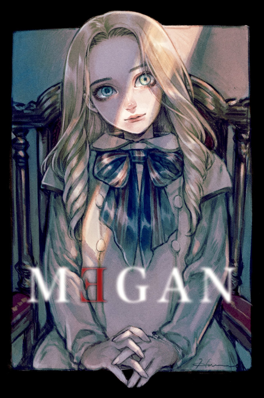 1girl, blonde_hair, bow, chair, character_name, closed_mouth, copyright_name, forehead