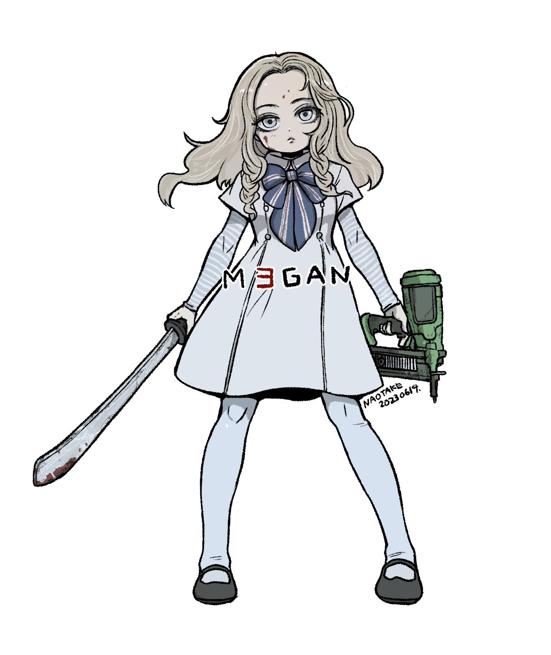 1girl, arms_at_sides, blonde_hair, blood, blood_on_face, blood_on_weapon, dated, dress