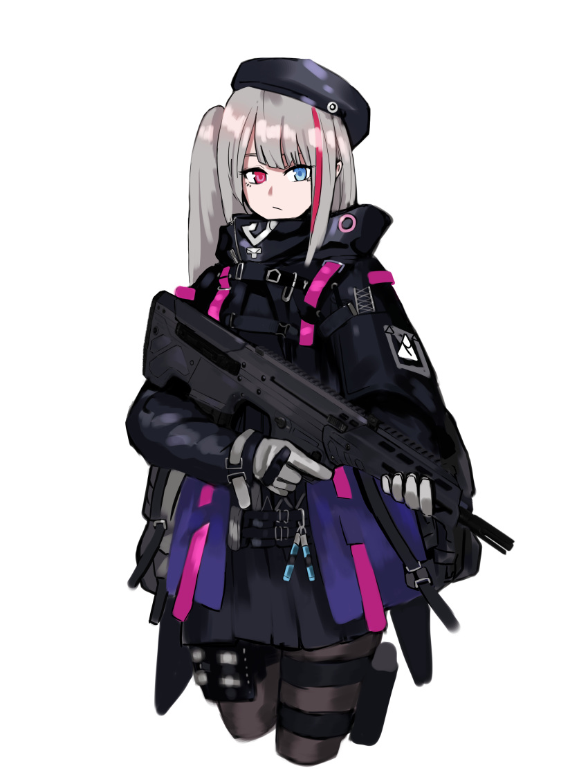 1girl, absurdres, assault_rifle, battle_rifle, belt, belt_pouch, beret, black_bag