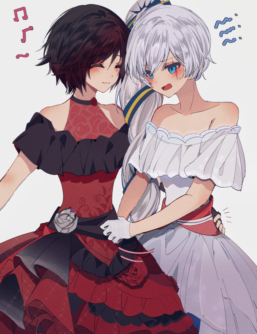 2girls, akane031, bare_shoulders, blush, dress, evening_gown, gloves, highres